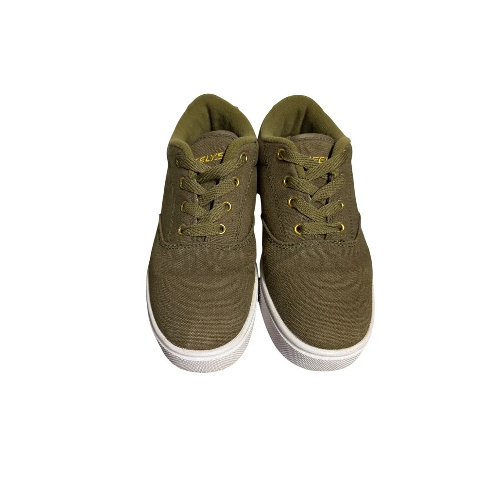 Heelys Kids Skate Shoes Olive Green Canvas Gold Logo Low Top‎ Sneakers Wheels